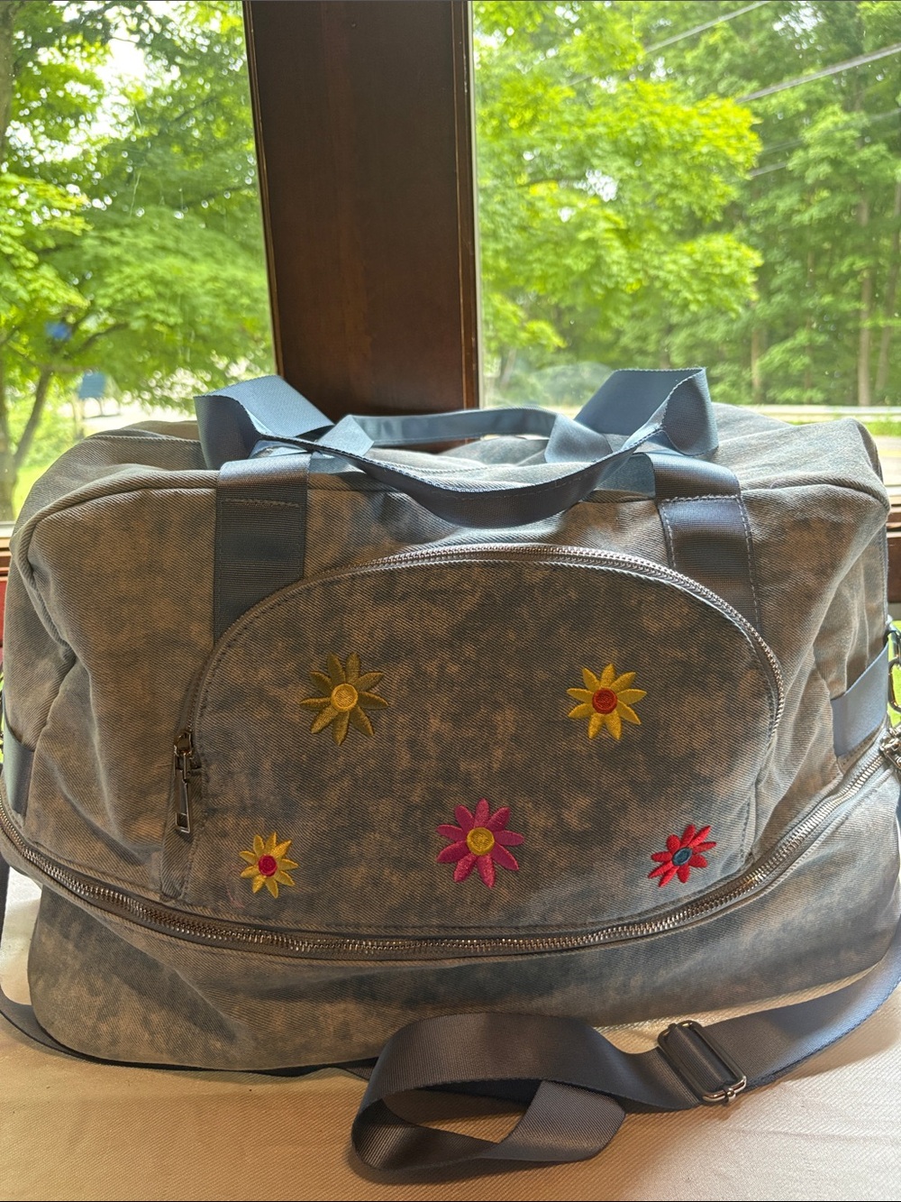 Vintage Y2K Floral Denim Duffel Gym Travel Bag Carry On Blue Embroidered